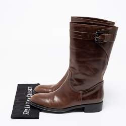 Pre Owned حذاء بوت تودز بيكر منتصف ركبة جلد بني مزين بإبزيم مقاس 38