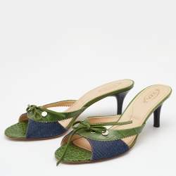 مملوكة مسبقًا Tod's Green/Blue Croc Embossed Leather and Denim Bow Slide Sandals Size 40
