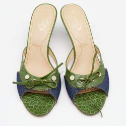 مملوكة مسبقًا Tod's Green/Blue Croc Embossed Leather and Denim Bow Slide Sandals Size 40