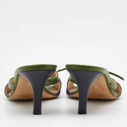 مملوكة مسبقًا Tod's Green/Blue Croc Embossed Leather and Denim Bow Slide Sandals Size 40