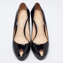 مملوكة مسبقًا حذاء كعب عالي تودز جلد أسود لامع مقدمة مفتوحة مقاس 36.5