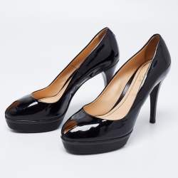 مملوكة مسبقًا حذاء كعب عالي تودز جلد أسود لامع مقدمة مفتوحة مقاس 36.5