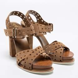 مملوكة مسبقًا صندل تودز سويدي مخرم بني كعب مربع سميك مقاس 40