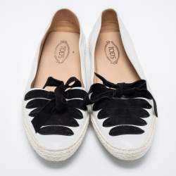 Pre Owned Tod's White/Black Leather and Suede Lace-Up Gommino Espadrille Loafers Size 39.5