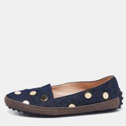 Tod's Navy Blue Denim Studded Espadrille Flats Size 36.5