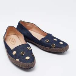 Tod's Navy Blue Denim Studded Espadrille Flats Size 36.5
