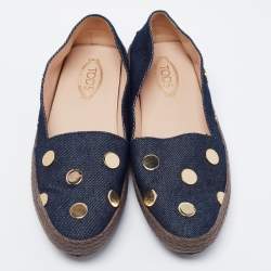 Tod's Navy Blue Denim Studded Espadrille Flats Size 36.5