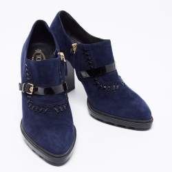 Pre Owned حذاء بوت للكاحل تودز ويبسليتش جلد لامع وسويدي أزرق كحلي/أسود مزين مقاس 39