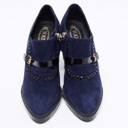 Pre Owned حذاء بوت للكاحل تودز ويبسليتش جلد لامع وسويدي أزرق كحلي/أسود مزين مقاس 39