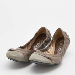 Pre Owned Tod's Taupe /Grey Leather and Suede Scrunch Ballet Flats Size 38.5