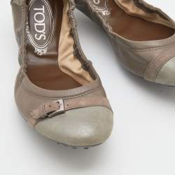 Pre Owned Tod's Taupe /Grey Leather and Suede Scrunch Ballet Flats Size 38.5