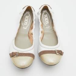 Pre Owned Tod's White/Beige Leather and Textured Patent Scrunch Ballet  Flats Size 38.5