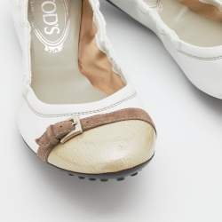 Pre Owned Tod's White/Beige Leather and Textured Patent Scrunch Ballet  Flats Size 38.5