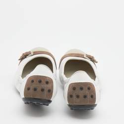 Pre Owned Tod's White/Beige Leather and Textured Patent Scrunch Ballet  Flats Size 38.5