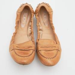 Pre Owned Tod's Brown Leather Scrunch Ballet Flats Size 38.5