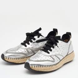 Pre Owned Tod's Metallic Silver Leather Espadrille Low Top Sneakers Size 40