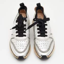 Pre Owned Tod's Metallic Silver Leather Espadrille Low Top Sneakers Size 40