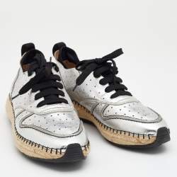 Pre Owned Tod's Metallic Silver Leather Espadrille Low Top Sneakers Size 40