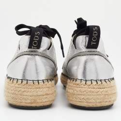 Pre Owned Tod's Metallic Silver Leather Espadrille Low Top Sneakers Size 40