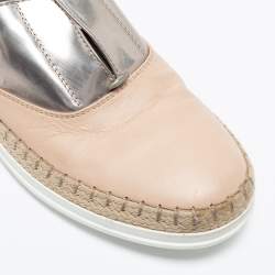 Pre Owned Tod's Silver and Beige Patent and  Leather Francesina Slip On Espadrille Sneakers Size 35.5