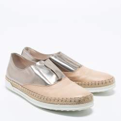 Pre Owned Tod's Silver and Beige Patent and  Leather Francesina Slip On Espadrille Sneakers Size 35.5