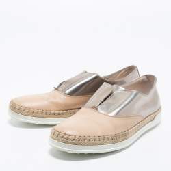 Pre Owned Tod's Silver and Beige Patent and  Leather Francesina Slip On Espadrille Sneakers Size 35.5