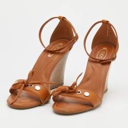 Pre Owned Tod's Brown Leather Bow Ankle Strap Wedge Sandals Size 38