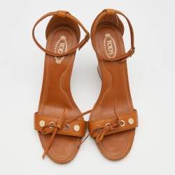 Pre Owned Tod's Brown Leather Bow Ankle Strap Wedge Sandals Size 38