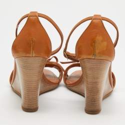 Pre Owned Tod's Brown Leather Bow Ankle Strap Wedge Sandals Size 38