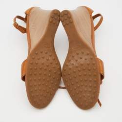 Pre Owned Tod's Brown Leather Bow Ankle Strap Wedge Sandals Size 38