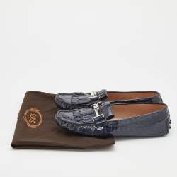 Pre Owned Tod's Oxford Blue Croc Embossed Patent Leather Double T Slip On Loafers Size 38