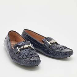 Pre Owned Tod's Oxford Blue Croc Embossed Patent Leather Double T Slip On Loafers Size 38