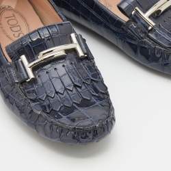 Pre Owned Tod's Oxford Blue Croc Embossed Patent Leather Double T Slip On Loafers Size 38