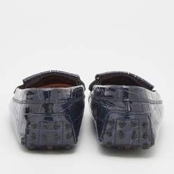 Pre Owned Tod's Oxford Blue Croc Embossed Patent Leather Double T Slip On Loafers Size 38