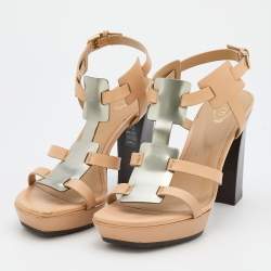 Pre Owned Tod's Beige/Silver Leather Platform Ankle Strap Sandals Size 39.5
