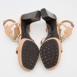 Pre Owned Tod's Beige/Silver Leather Platform Ankle Strap Sandals Size 39.5