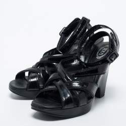 Pre Owned Tod's Black Patent Leather Strappy Platform Sandals Size 38