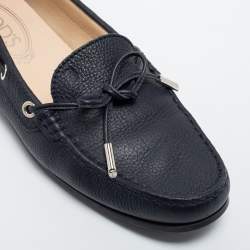Pre Owned Tod's Navy Blue Leather Bow Slip On Loafers Size 38.5