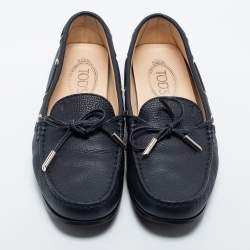 Pre Owned Tod's Navy Blue Leather Bow Slip On Loafers Size 38.5