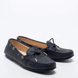 Pre Owned Tod's Navy Blue Leather Bow Slip On Loafers Size 38.5