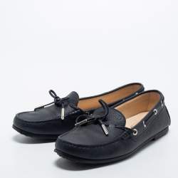 Pre Owned Tod's Navy Blue Leather Bow Slip On Loafers Size 38.5