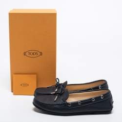 Pre Owned Tod's Navy Blue Leather Bow Slip On Loafers Size 38.5