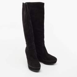 Pre Owned Tod's Black Velvet Zeppa Para Knee Length Boots Size 37