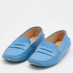Pre Owned Tod's Blue Leather Gommino Slip On Loafers Size 37.5