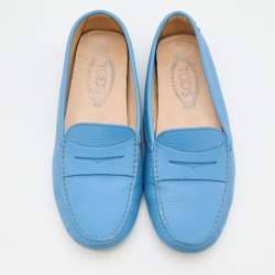 Pre Owned Tod's Blue Leather Gommino Slip On Loafers Size 37.5