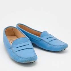 Pre Owned Tod's Blue Leather Gommino Slip On Loafers Size 37.5