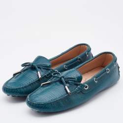 Tod's Teal Blue Lizard Embossed Leather Bow Slip On Loafers Size 37.5