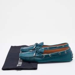 Tod's Teal Blue Lizard Embossed Leather Bow Slip On Loafers Size 37.5