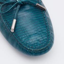 Tod's Teal Blue Lizard Embossed Leather Bow Slip On Loafers Size 37.5