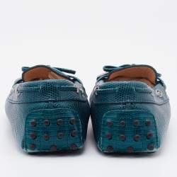 Tod's Teal Blue Lizard Embossed Leather Bow Slip On Loafers Size 37.5